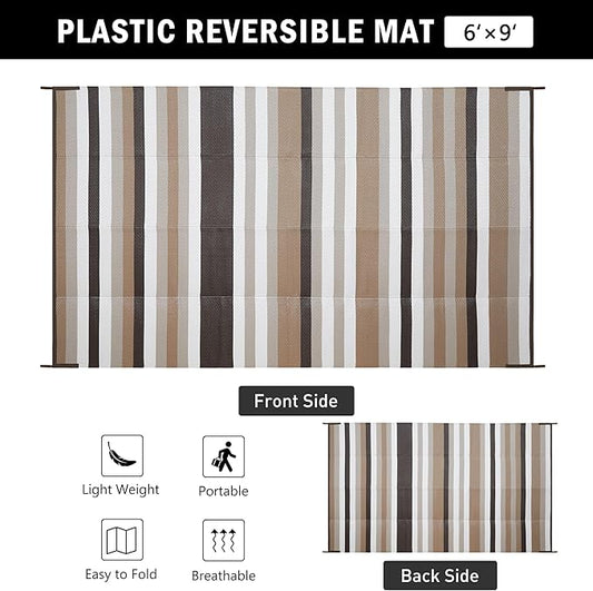 Outdoor Waterproof Rug 6'x9' Plastic Straw Rugs Washable Reversible Floor Mat Brown Stripe Carpet for Camping RV Deck Entryance Porch Picnic Balcony Beach Backyard