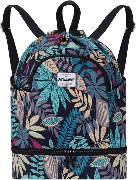 Dry Wet Drawstring Backpack with Shoe Compartment for Women Adjustable Gym Bag