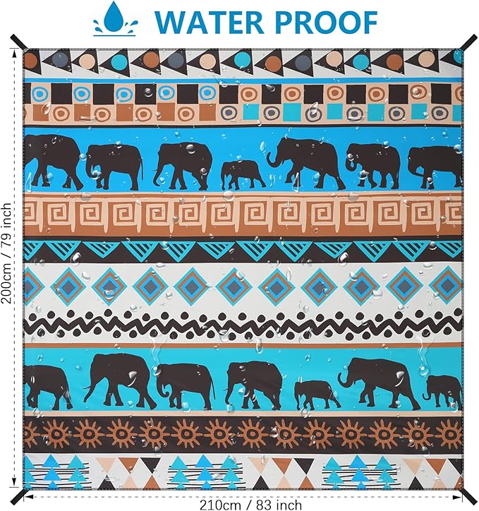 Beach Blanket Waterproof Sandproof Beach Mat for 1-8 Adults Quick Drying Durable Outdoor Picnic Mat for Beach Festival Travel Camping Hiking (Elephant-GN, 79"×83"(4 Person))