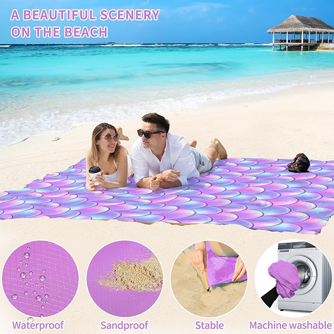 BYDOLL Beach Blanket Waterproof Sandproof 78''×81'' Suits1-4 Adults Compact Lightweight Oversized Sand-Free Blanket Large Picnic Mat for Beach Travel Camping Hiking