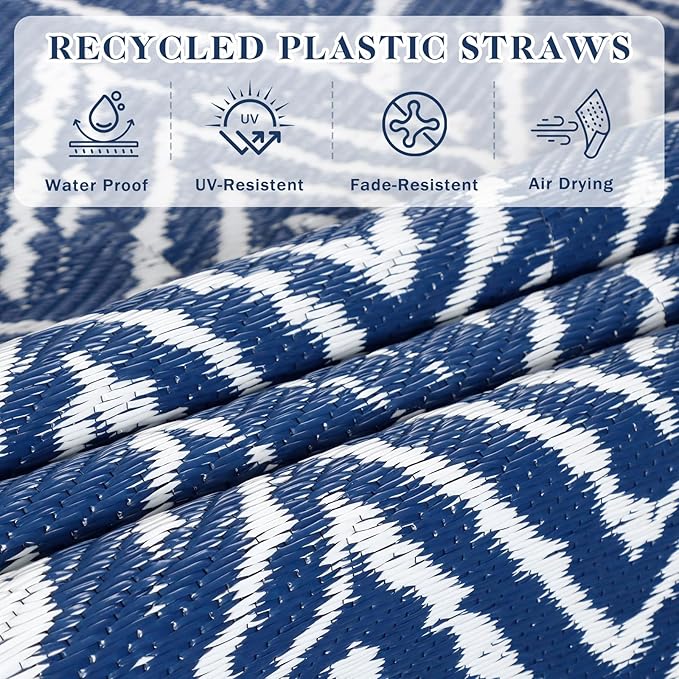 Outdoor Patio Rug 5x8 Navy Blue, Waterproof Reversible Outdoor Plastic Straw Rugs RV Camping Mat UV-Resistant Outside Carpet Portable Area Mats for Garden Balcony Deck Picnic Beach
