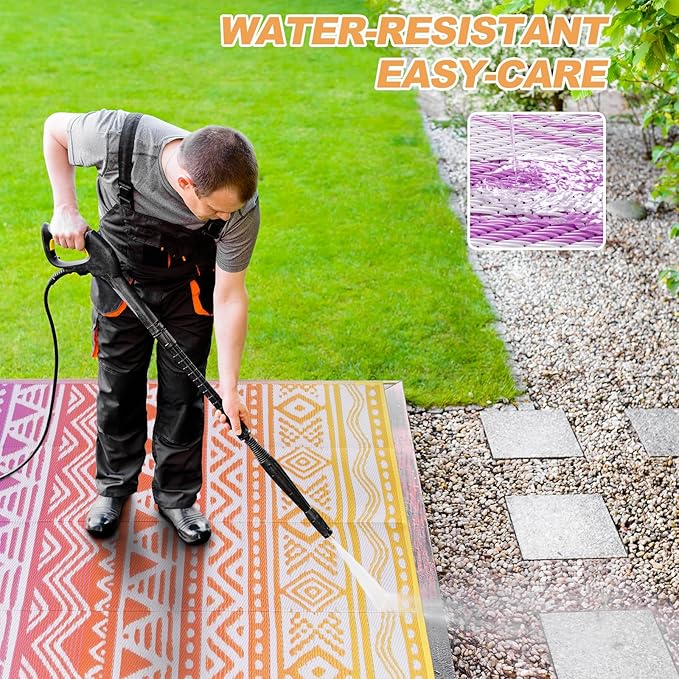 Lahome Outdoor Rug Waterproof, 5x8ft Reversible Outdoor Plastic Straw Rug for Camping, RV Patio Rugs Outside Carpet for Porch Deck Backyard Balcony Picnic(Orange/Purple,5'x 8')