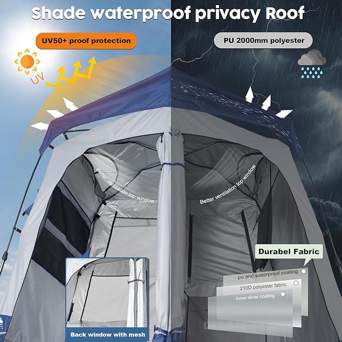 Camping Shower Tent Deluxe Changing Room Easy Set Up Privacy Shelter,Large Toilet Tent 2 Rooms with Floor Drain Design for Beach, Camping,Hiking with Stakes and Ropes for Stability