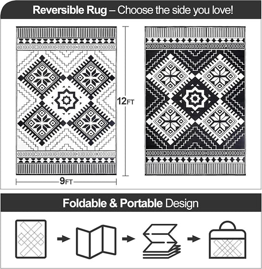 Waterproof Outdoor Rug 9x12ft, Boho Reversible Plastic Straw Mat for Patio RV Deck Porch Backyard Balcony Camping Picnic Beach Indoor Outdoor Carpet, Black&White