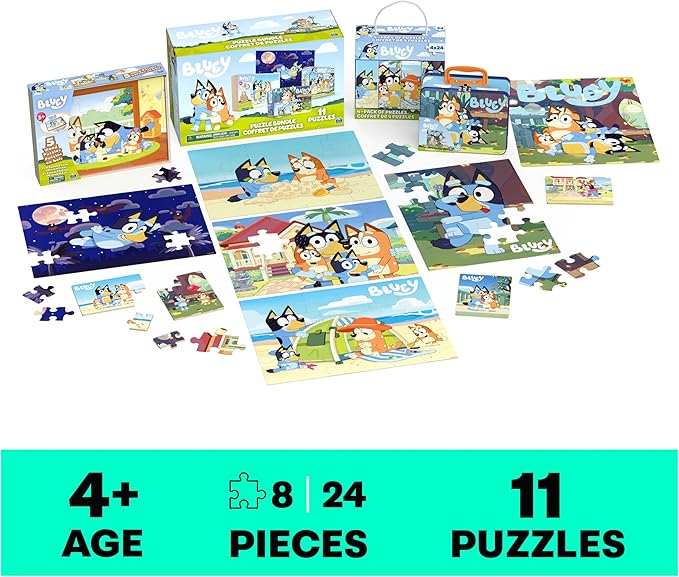 Bluey 11 Puzzle Bundle Set, 8- and 24-Piece Wood, Fuzzy, & Die-Cut Jigsaw Puzzles for Preschoolers and Kids
