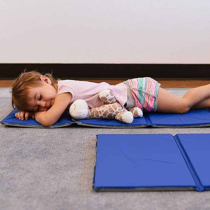 ECR4Kids Everyday Folding Rest Mat, 4-Section, 5/8in, Sleeping Pad, Blue/Grey, 5-Pack