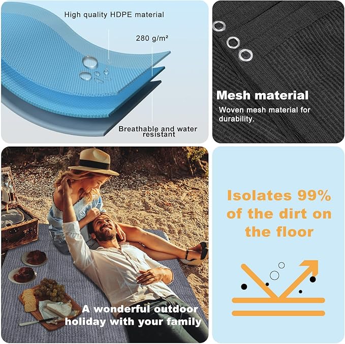 FoundGo Awning Carpet HDPE Camping Outdoor Rug with Eyelets,Nails,Broom,for RV,Patio,Backyard,Picnic,Beach,Trailer 9'*6' (2.74 * 1.83m) -Black