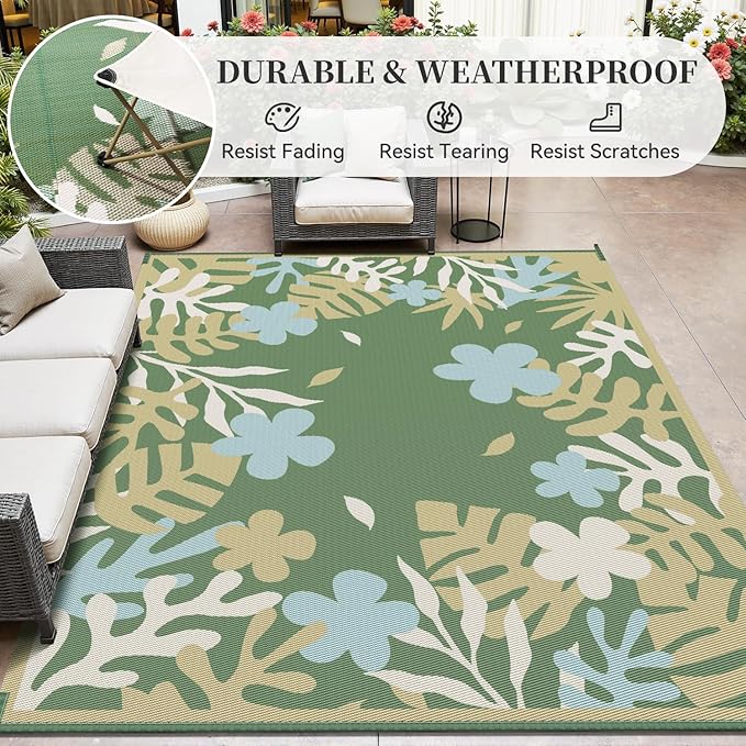 MontVoo Outdoor Rug Waterproof 8x10 ft RV Outdoor Rug for Camping Picnic Mat Outdoor Patio Rug Carpet Plastic Straw Reversible Floral Green Yellow
