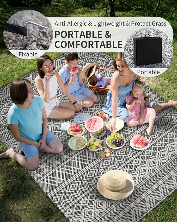 MontVoo-Outdoor Rug Waterproof 6x9 ft Outdoor Carpet Patio Rug Mat Reversible RV Camping Rug-Plastic Straw Rug Outside Outdoor Area Rug for Patio Deck Balcony Backyard Picnic Beach -Boho Grey