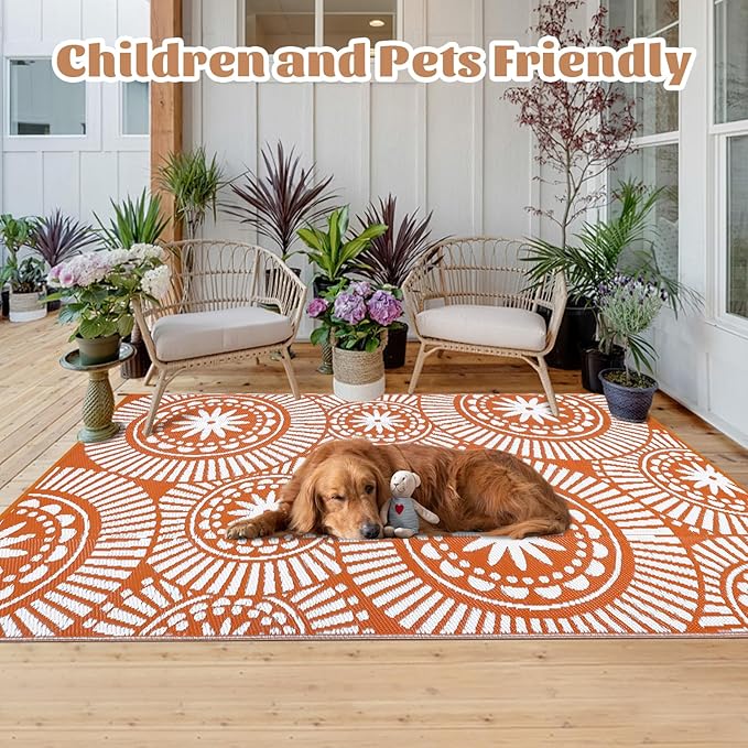 Ileading Outdoor Plastic Straw Rug 6x9ft Modern Geometric Style Reversible Patio Area Rugs Waterproof Non Shedding Portable Carpets for Rv Outside Deck Pool Beach Picnic Camping (Orange)