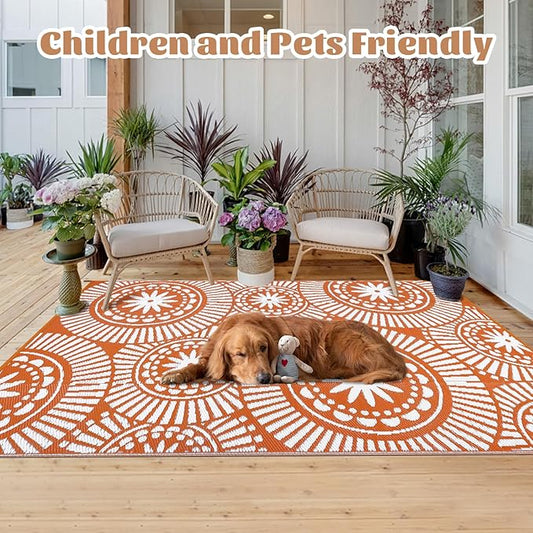 Ileading Outdoor Plastic Straw Rug 6x9ft Modern Geometric Style Reversible Patio Area Rugs Waterproof Non Shedding Portable Carpets for Rv Outside Deck Pool Beach Picnic Camping (Orange)