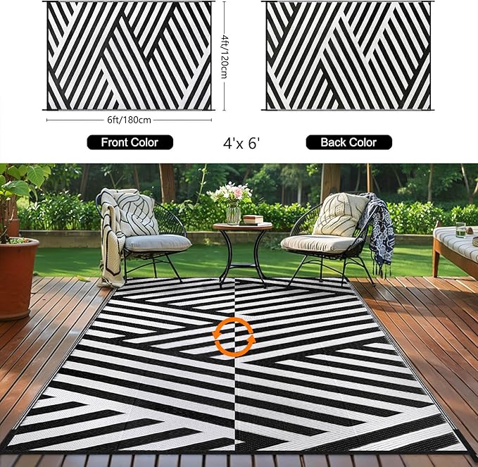 Outdoor Patio Plastic Straw Rug - 6'x9' Outdoor Camping Rug Waterproof Reversible, Area Carpet Patios Clearance RV, Outside Porch Balcony Deck for Camper, White & Black