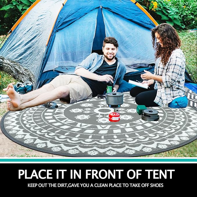 Capslpad 8Ft Round Outdoor Rug for Patios Clearance Reversible Mat Plastic Straw Patio Rugs Lightweight RV Camping Mat Circle Outside Area Rug Carpet for Balcony Deck Trailer Picnic BBQ, Grey