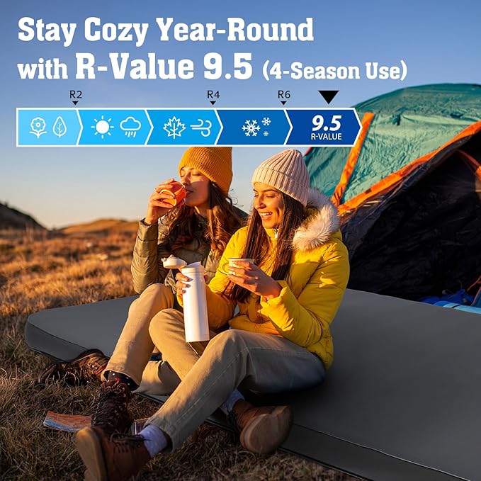 Hikenture Extra Thick Double Self Inflating Sleeping Pad, 9.5 R Camping Mattress 2 Person, Inflatable Foam Camping Pad with Pump Sack, Portable 4 in Thickness Comfort Plus Camping Mat for 4-Season