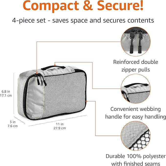 Amazon Basics Small Packing Cubes for Travel, Packing Organizers, 4-Piece-Set With Double Zipper Pulls and Mesh Top Panel, 100% Durable Polyester, Gray, 11"L x 6.8"W x 3"H