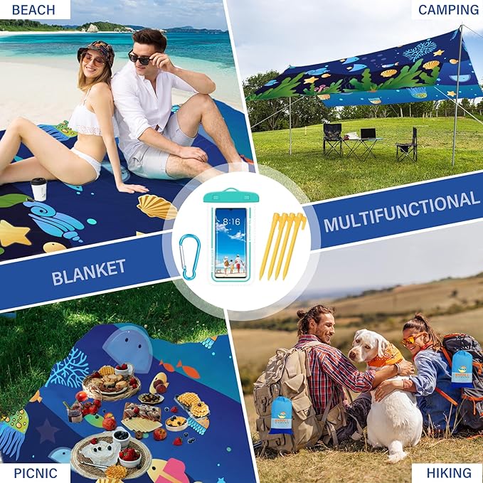 BYDOLL Beach Blanket Waterproof Sandproof 78''×81'' Suits1-4 Adults Compact Lightweight Oversized Sand-Free Blanket Large Picnic Mat for Beach Travel Camping Hiking