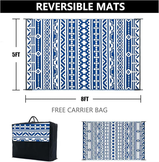 Outdoor Plastic Straw Rug, Waterproof Outdoor Rugs for Patios Clearance, Reversible Area Rug, Large Outside Carpet for Camping, Balcony, RV, Deck, Picnic, Beach 5x8ft Geometric Boho Blue&White