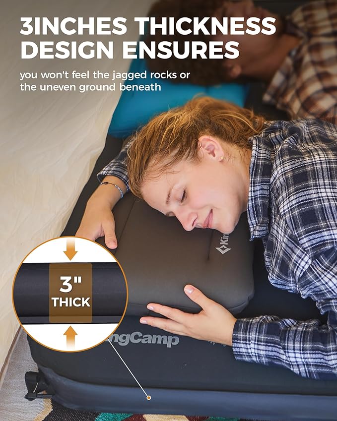 KingCamp Self Inflating Sleeping Pad for Camping Ultra Thick Double Single Foam Mattress High R Value Camping Air Pad Mat, Multi Colors & Sizes