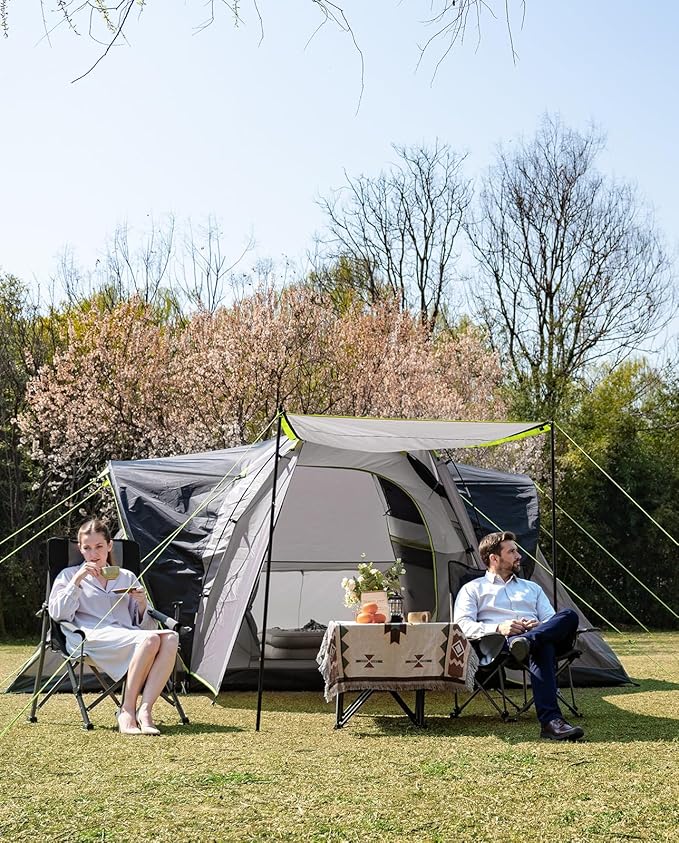 8 Person Larger Extended Dome Camping Tent with 3 Rooms, Waterproof Semi-Freestanding Family Outdoor Tent with Spacious Interior and Mesh Windows