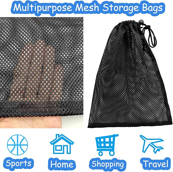6 PCS Mesh Drawstring Bag 12" x 15.7", Durable Sports Equipment Net Bag Multipurpose Mesh Storage Bags for Tennis Ball, Golf Ball, Swimming, Camping and Travel, Black
