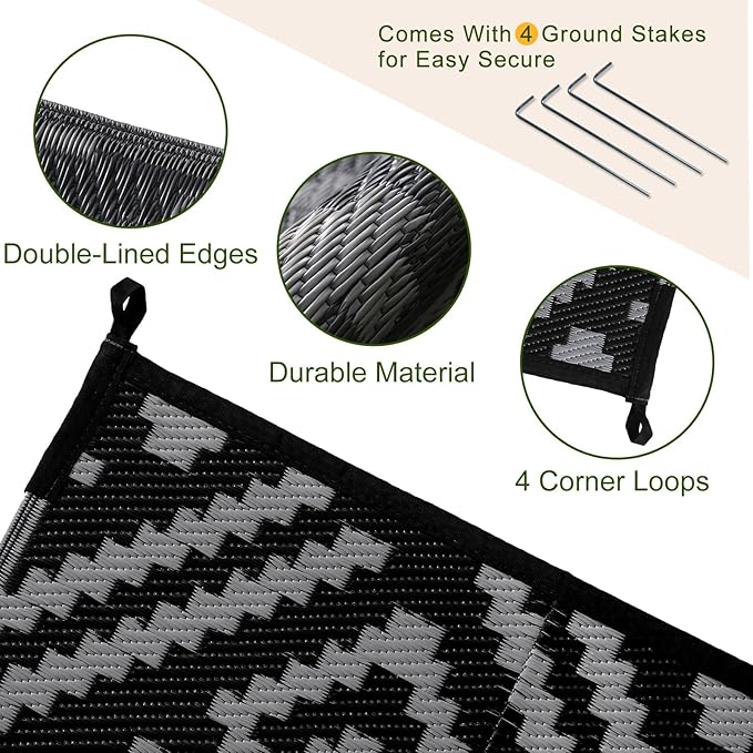 OPPODREAM Outdoor Rug 8x10 Patio Waterproof, Large Outdoor Plastic Straw Rug, Reversible Out Door Carpet for Camping, Deck, Rv, 8 x 10 Area Carpet for Balcony, Porch, Backyard, Black and Grey