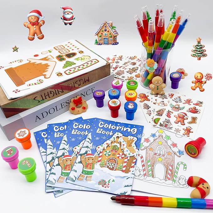 Cinrobiye 72 Pcss Merry Christmas Party Favors Max Holiday Coloring Books Tattoo DIY Sticker Stampers Class Reward Prizes for Christmas Holiday Winter Party Supplies (Candy)