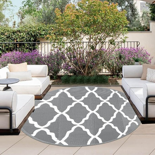 OutdoorLines Indoor Outdoor Rugs for Patio 5 Feet - Reversible Outside Carpet, Stain & UV Resistant Portable RV Mats, Plastic Straw Rug for Camping, Pool Deck, Porch Moroccan/Grey & White