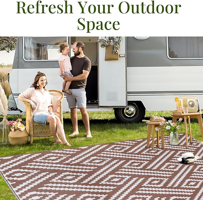 OPPODREAM Outdoor Rug 9x12 Patio Waterproof, Large Outdoor Plastic Straw Rug, Reversible Out Door Carpet for Camping, Deck, Rv, 9 x 12 Area Carpet for Balcony, Porch, Backyard, White and Brown