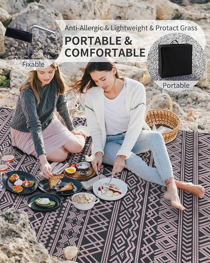 MontVoo Outdoor Rug 8x10 Waterproof Outdoor Patio Rug Mat Reverisble Plastic Straw Outdoor Rug for RV Camping Picnic Beach Balcony Boho Pink Grey