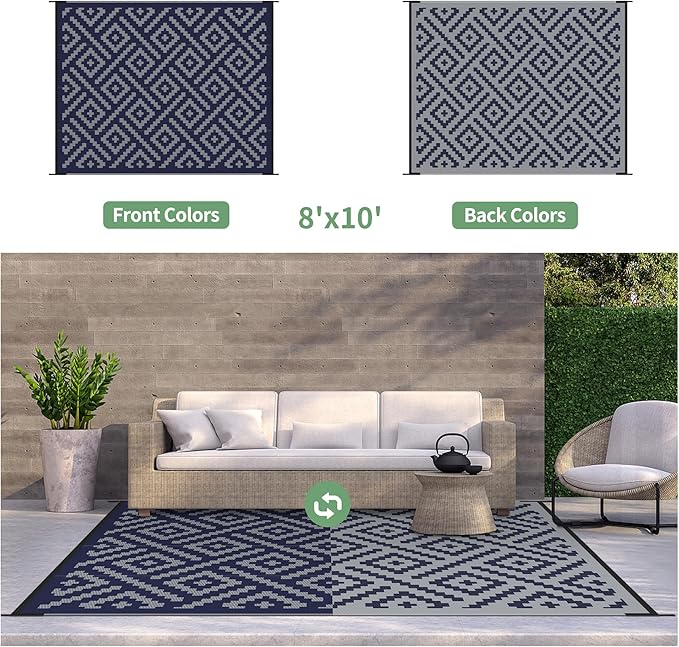 GENIMO Outdoor Rug for Patio Clearance, 8'x10' Waterproof Camping Mat, Reversible Plastic Straw Rugs for RV, Camper, Balcony, Backyard, Picnic, Deck (Blue & Grey)