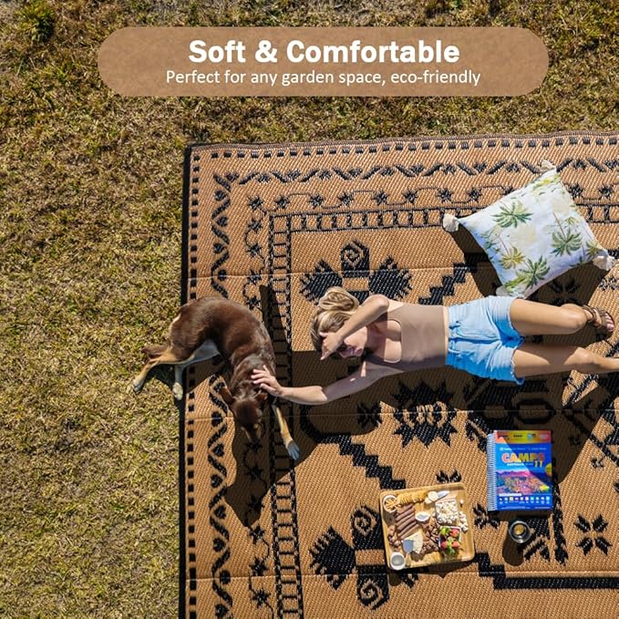 LILIOFFIC Outdoor Rugs for Patio Clearance - 5'x8' Waterproof Reversible Indoor Outdoor Rug Carpet, Portable Outdoor Plastic Straw Rug for RV Camping, Picnic, Beach, Porch, Deck, Black & Brown