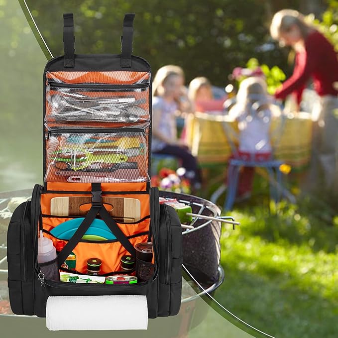 Large Tactical Camping Kitchen Organizer, Hanging Cookware Storage Bag with Paper Towel Holder & Multi Pockets, Portable Camp Utensil Organizer for BBQ Cooking Essentials, Black, Bag Only