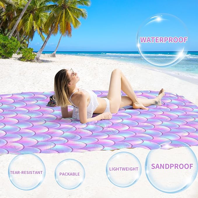BYDOLL Beach Blanket Waterproof Sandproof 78''×81'' Suits1-4 Adults Compact Lightweight Oversized Sand-Free Blanket Large Picnic Mat for Beach Travel Camping Hiking