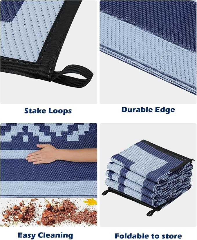 Kohree RV Outdoor Rug 9x12 Reversible, Waterproof Patio Mat with 4 Stakes & UV Fade Resistant, Non-Slip Outdoor Camping Mat for Deck, Picnic, Backyard, Includes Carry Bag (Blue)