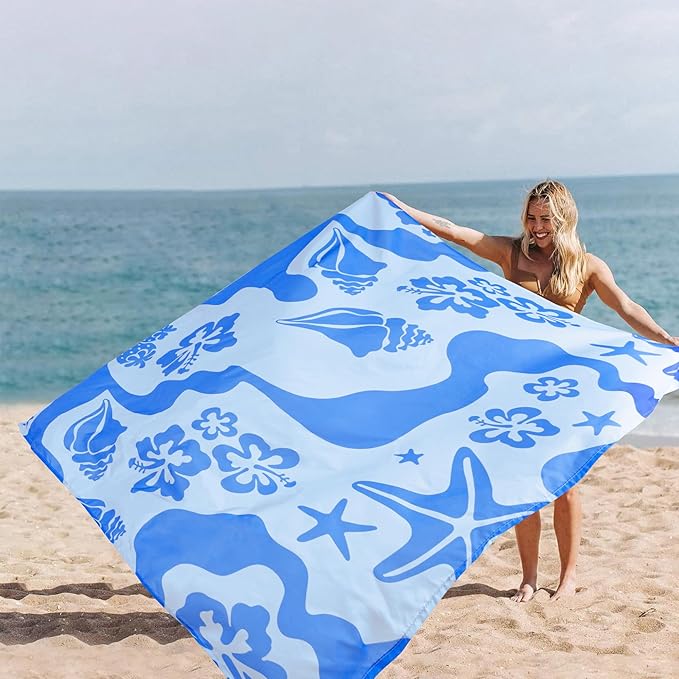 Beach Blanket Waterproof Sandproof, 78”x 86” Large Sand Free Beach Mat with 4 Stakes & Portable Bag, Big Flodable Compact Outdoor Picnic Blanket