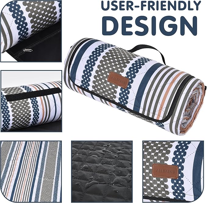 Oversized Waterproof Picnic Mat, Dustproof Washable Outdoor Beach Mat. Suitable for Camping, Outdoor, Beach, Party and Concert. (Dark Blue & Light Green, 80" * 80")