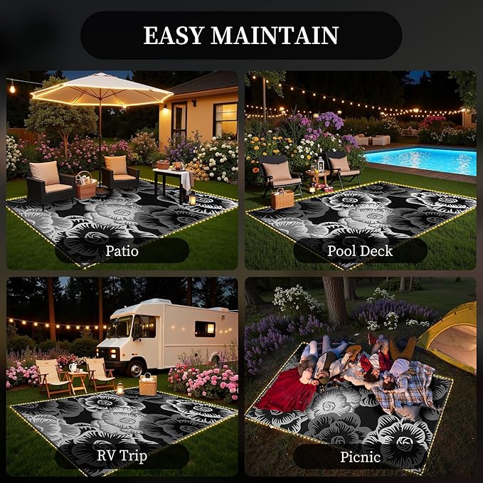 MontVoo Outdoor Rug with Led String Strip Lights 6x9ft Waterproof Outdoor Patio Rug Mat Reversible Plastic Straw Rug Outside Outdoor Rug for RV Camping Picnic Balcony Backyard Fairy Outdoor Decor