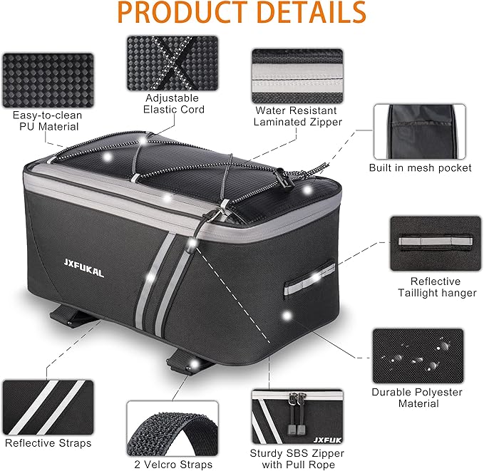JXFUKAL Rear Bike Rack Bag with Rain Cover, 7L/9L/10L/12L Waterproof Bicycle Ebike Saddle Bag Cycling Pannier Trunk Carrier with Reflector & Adjustable Cord for Commuter Travel Outdoor