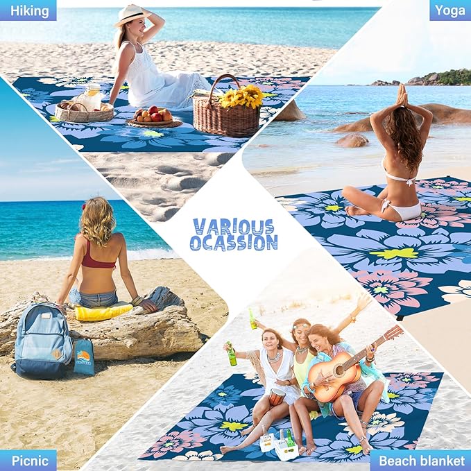 Beach Blanket Waterproof Sandproof 1-7 Adult Oversized 78 '' × 110 '' Lightweight Durable Compact Sand Free Beach Mat for Travel Camping Hiking Picnic Blanket Extra Large