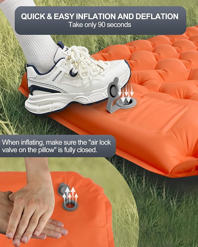 Inflatable Camping Sleeping Pad with Pillow & Foot Pump, 3"x79"x26" Single Camping Air Mattress, Compact Roll-Up, Quick-Dry & Durable Sleeping Mat for Backpacking, Hiking, Tent, Travel – Orange
