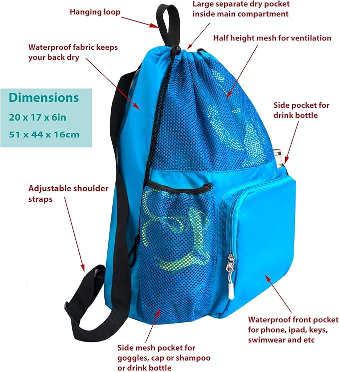 ButterFox Large Swimming Equipment Mesh Bag With Separated Waterproof Dry Compartment, Dry and Wet Separated (Light Blue)
