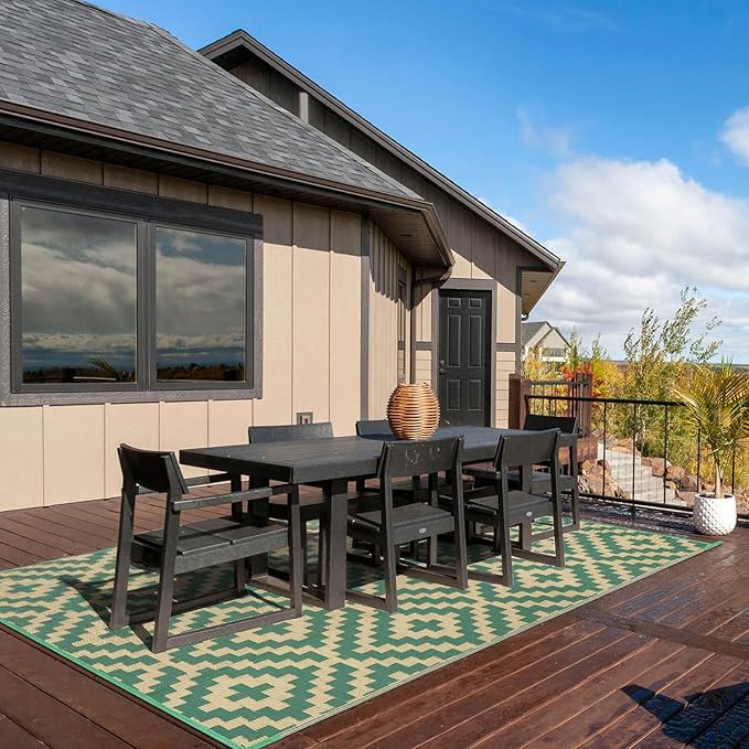 Outdoor Patio Plastic Straw Rug - 5'x8' Outdoor Camping Rug Waterproof Reversible, Area Carpet Patios Clearance RV, Outside Porch Balcony Deck for Camper, Green & Yellow