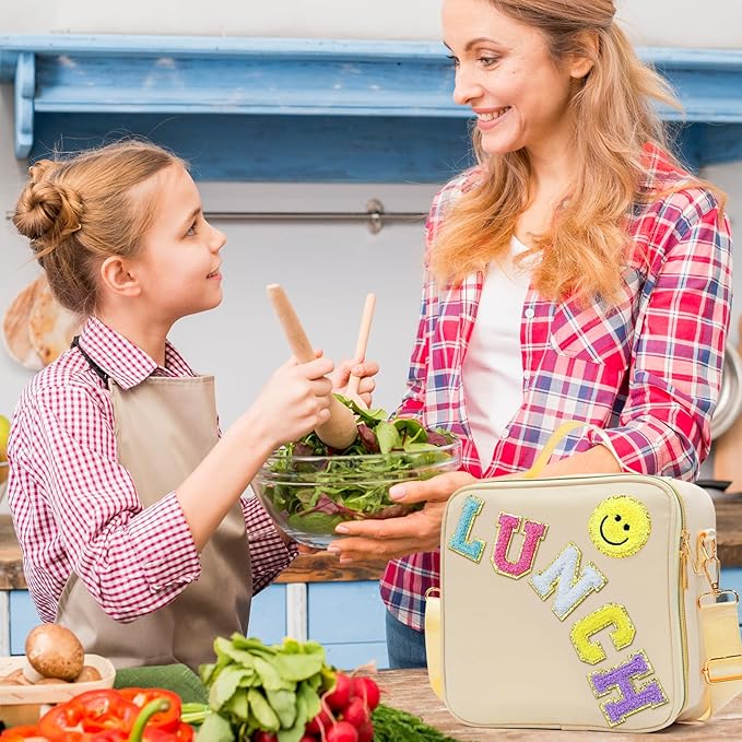 Insulated Lunch Bag Women Lunch Box Kids for Teen Girls Boys, Cute Preppy Lunch Boxes With Adjustable Shoulder Strap, Waterproof Nylon Lunchbox Lunch Bags for School Work Picnic (Beige)