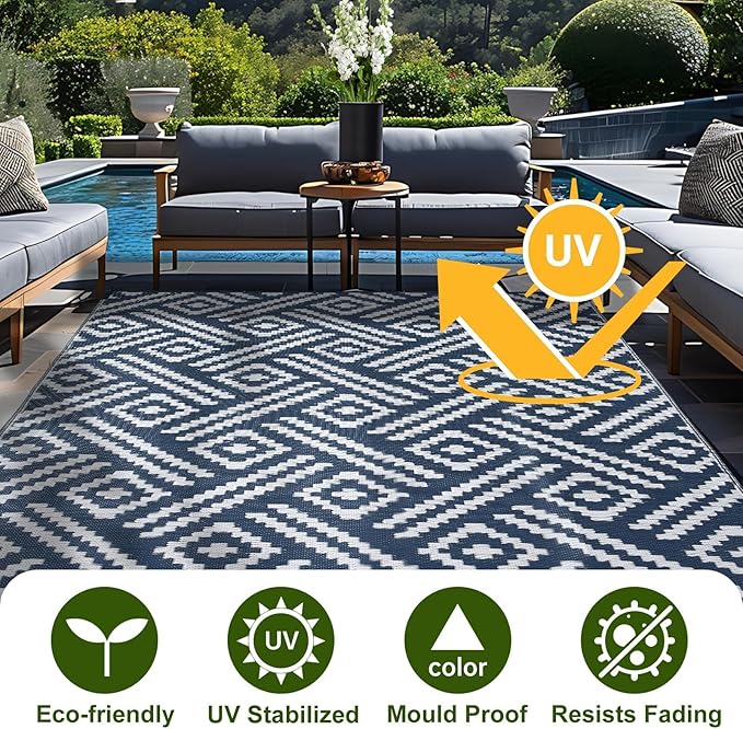 OPPODREAM Outdoor Rug 9x12 Patio Waterproof, Large Outdoor Plastic Straw Rug, Reversible Out Door Carpet for Camping, Deck, Rv, 9 x 12 Area Carpet for Balcony, Porch, Backyard, White and Navy Blue