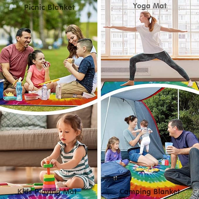 Extra Large Picnic Blankets Waterproof Foldable (80 "x 80") Beach Blanket Waterproof Sandproof,3-Layer Thicking Mat Outdoor Packable Camping Blanket(tie-dye)