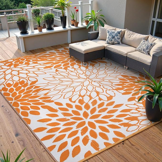 Anidaroel Outdoor Rugs 8x10ft for Patios Clearance Waterproof, Reversible Tropical Plastic Straw Camping Mat Outside Rug, Large Outdoor Area Rug for RV, Deck, Balcony, Picnic(Orange,8'x10')