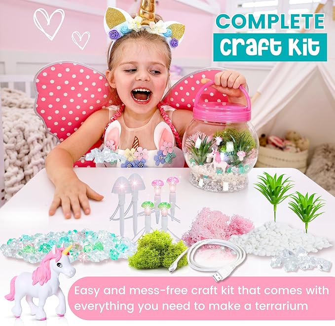 Amitié Lane Light-Up Unicorn Terrarium Kit for Kids - Birthday Gifts for Girls - Creative Unicorn Toys & Craft Kits Presents - Arts & Crafts Fun for Little Girls Age 4 5 6 7, 8-12 Year Old Girl Gift