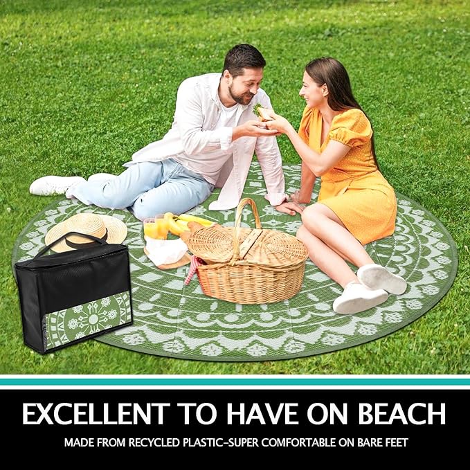 Capslpad 6Ft Round Outdoor Rug for Patios Clearance Reversible Mat Plastic Straw Patio Rugs Lightweight RV Camping Mat Circle Outside Area Rug Carpet for Balcony Deck Trailer Picnic BBQ,Green