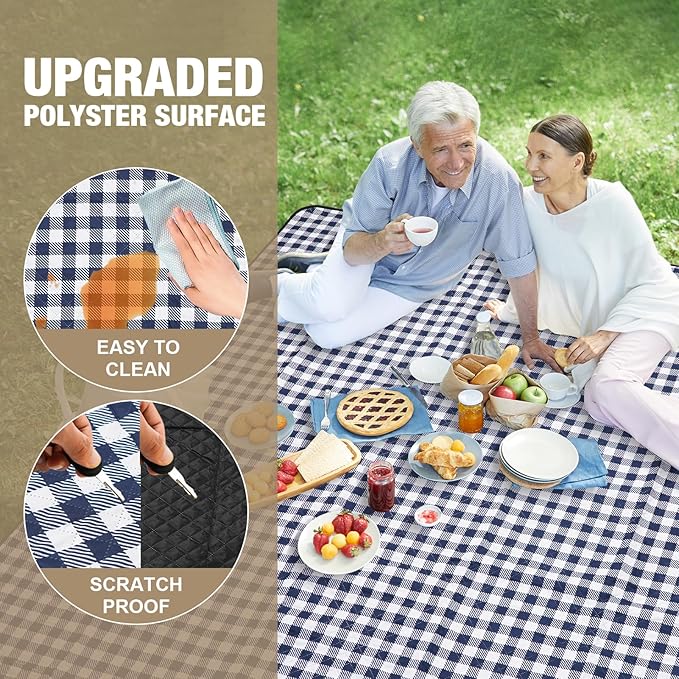 G GOOD GAIN Picnic Blankets Outdoor Extra Large - 80"x80" Portable Waterproof Picnic Blanket, Machine Washable 3-Layer Foldable Park Mat with Sandproof Backing for Grass, Hiking, Travel (Blue)