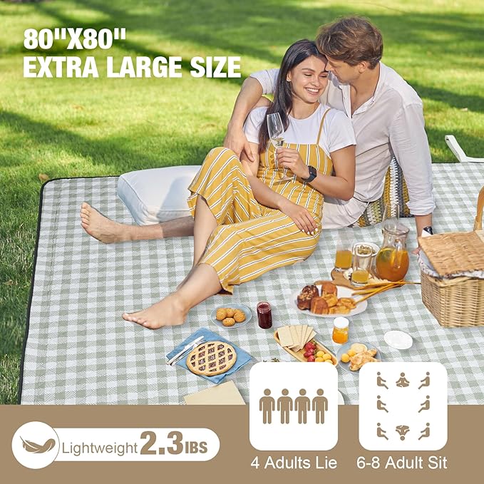 Picnic Blankets Outdoor Extra Large - 80"x80" Portable Waterproof Picnic Blanket, Machine Washable 3-Layer Foldable Park Mat with Sandproof Backing for Grass, Hiking, Travel, Concerts, Indoor (Green)